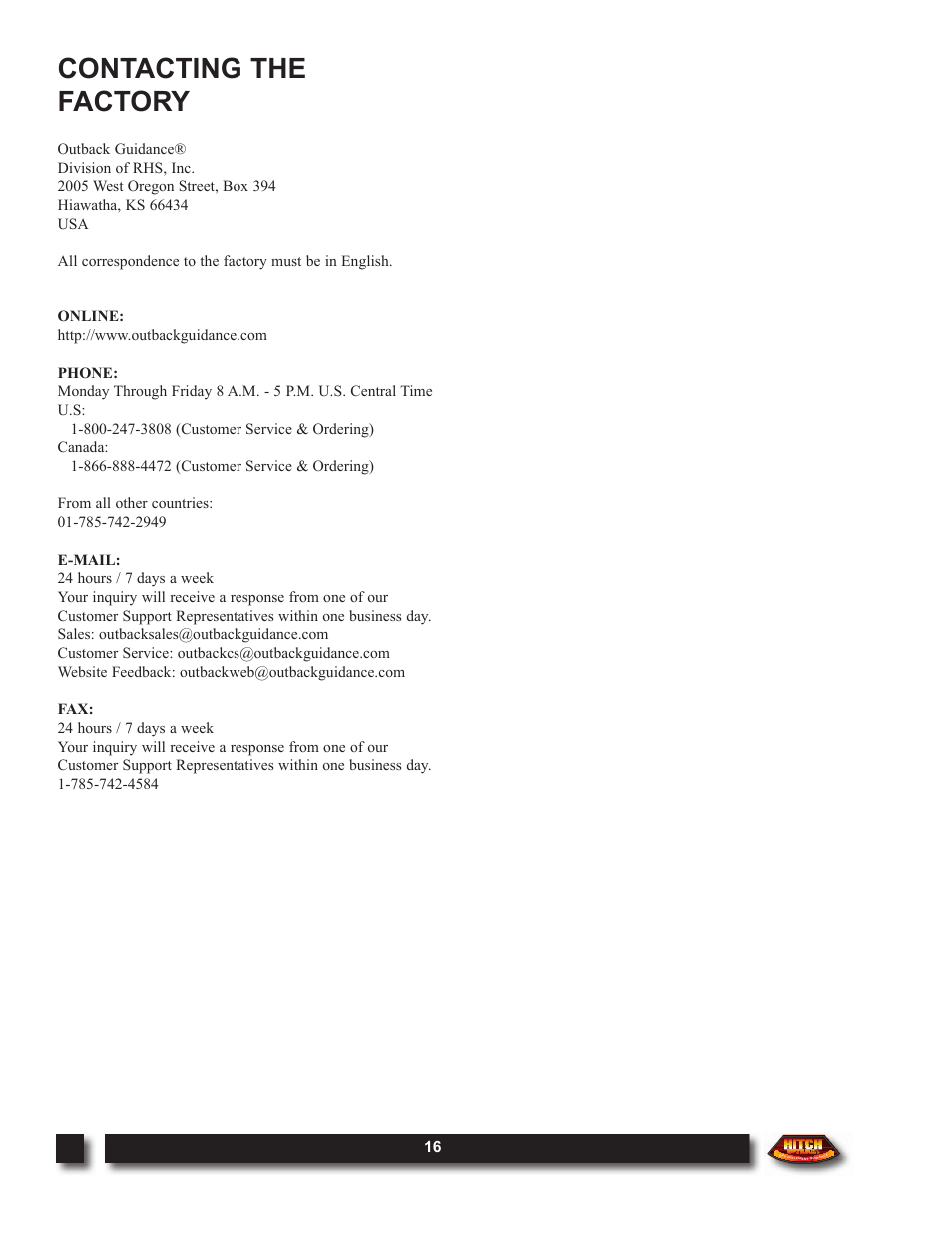 Contacting the factory | Outback Power Systems Hitch DOM-OBK03 User Manual | Page 18 / 32