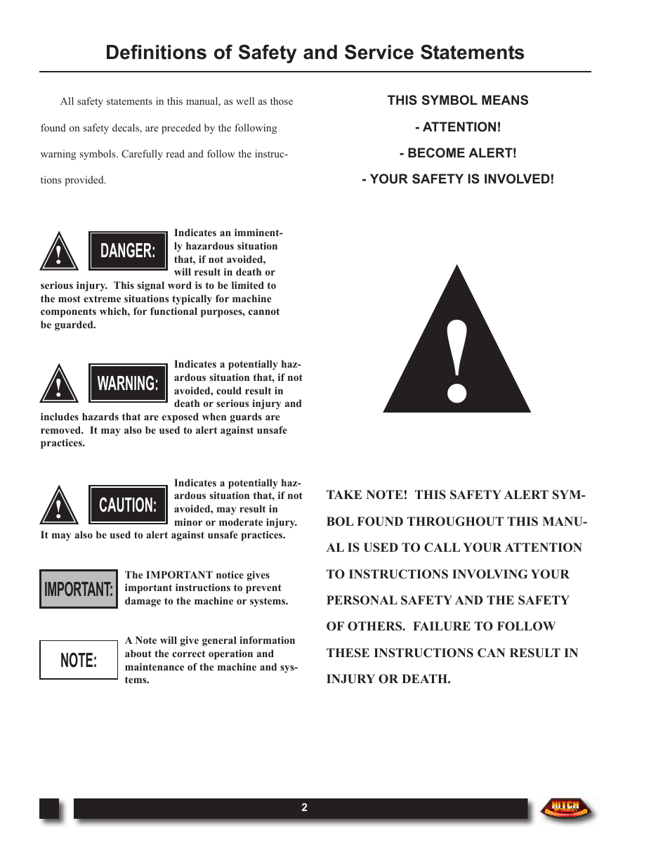 Definitions of safety and service statements, Danger, Warning | Caution | Outback Power Systems Hitch DOM-OBK03 User Manual | Page 4 / 32