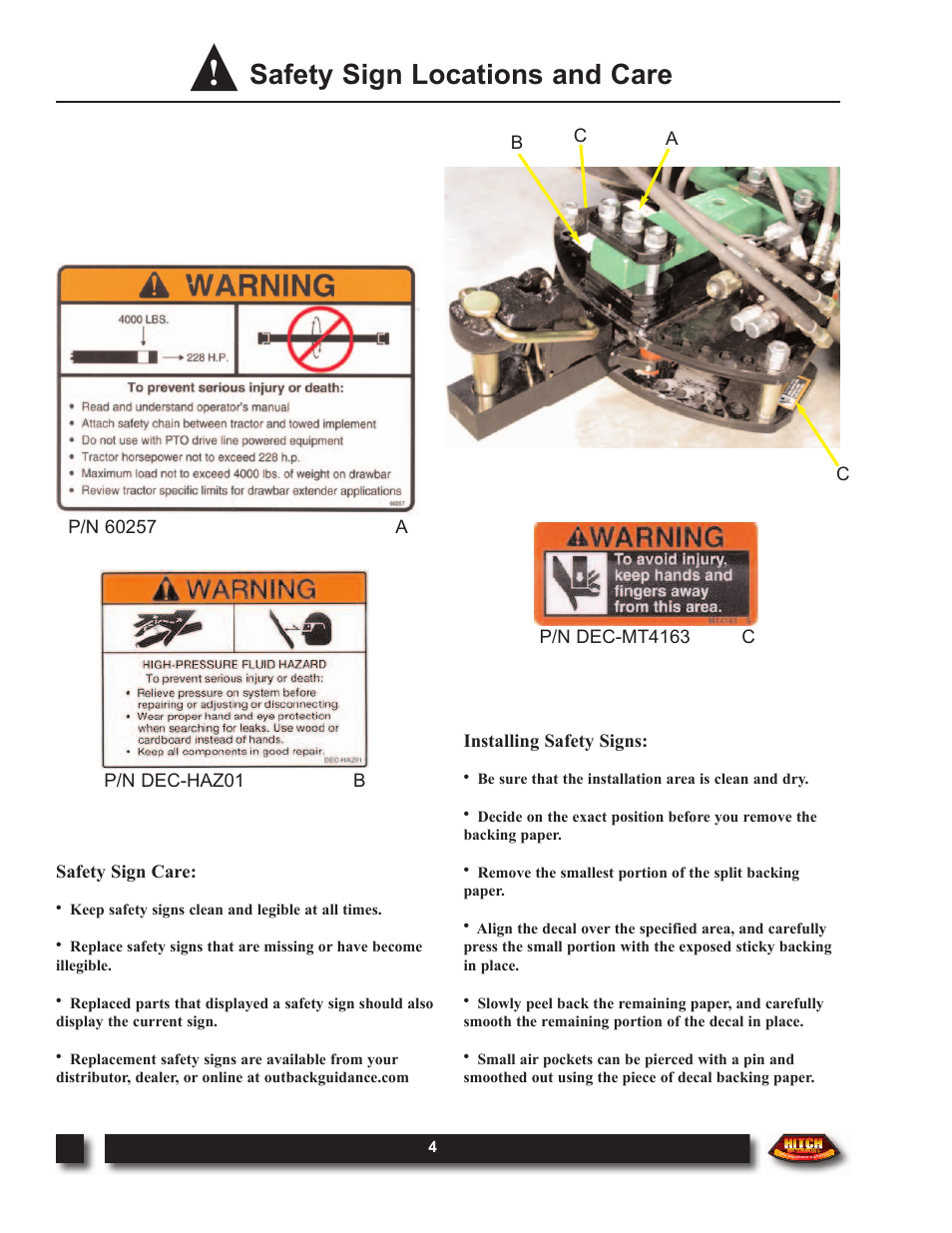 Safety sign locations and care | Outback Power Systems Hitch DOM-OBK03 User Manual | Page 6 / 32