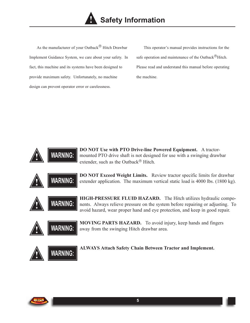 Safety information, Warning | Outback Power Systems Hitch DOM-OBK03 User Manual | Page 7 / 32