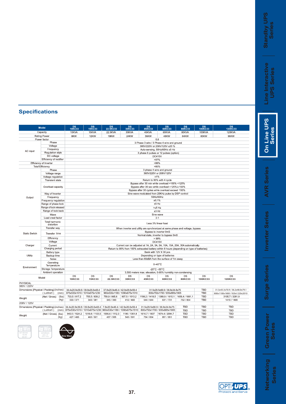 Ds10-120kc33 02, Specifications | OPTI-UPS On Line UPS Series DS80KC33 User Manual | Page 2 / 2