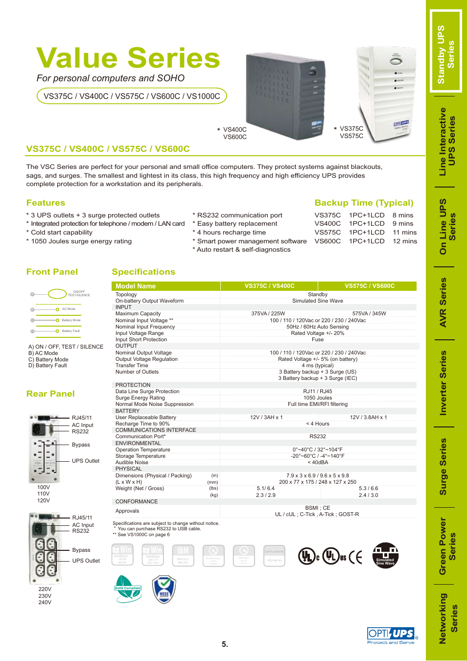 OPTI-UPS VS600C User Manual | 1 page