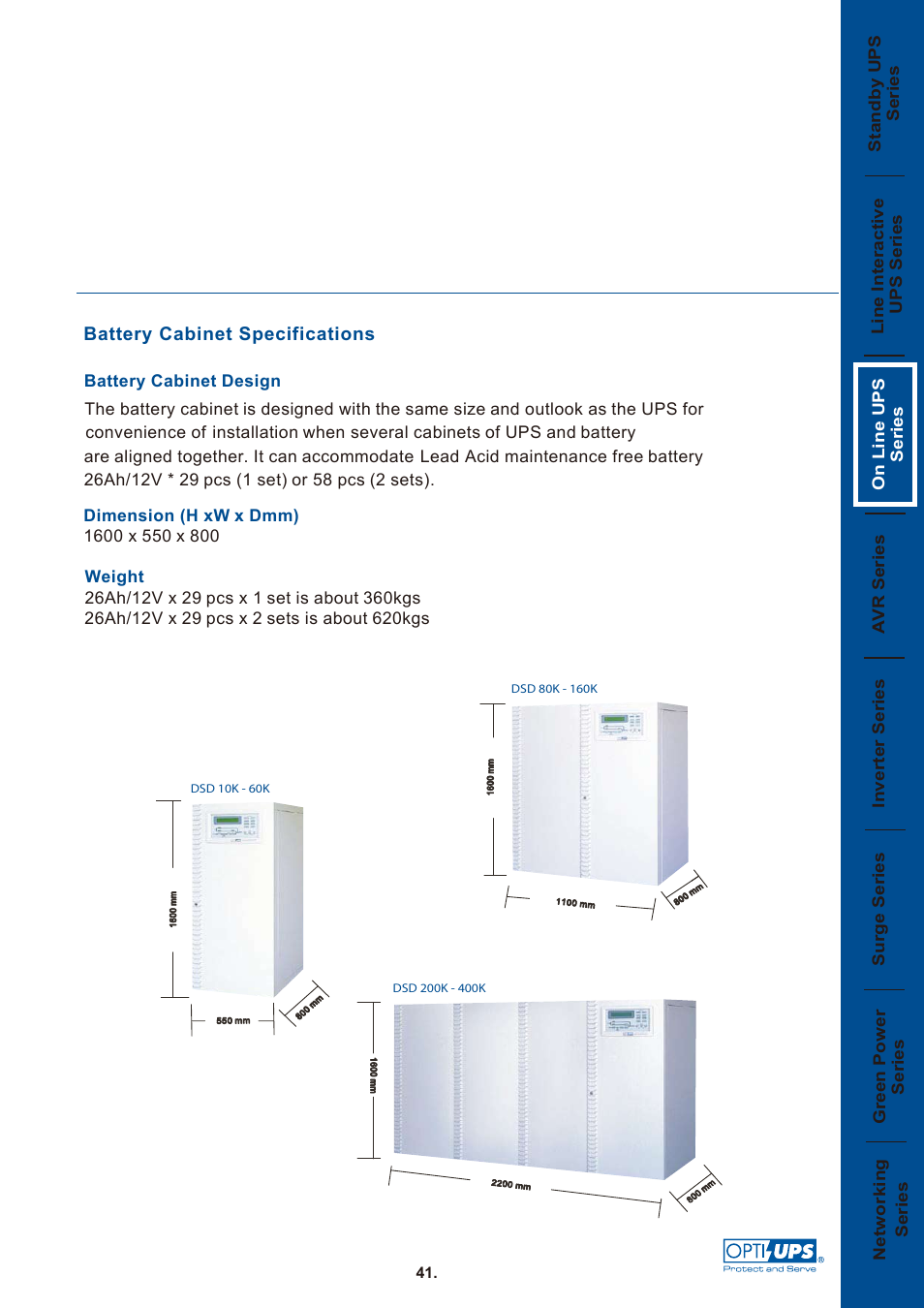 Dsd31 dsd33 04, Battery cabinet specifications | OPTI-UPS On Line UPS Series DSD31 / DSD33 User Manual | Page 4 / 4