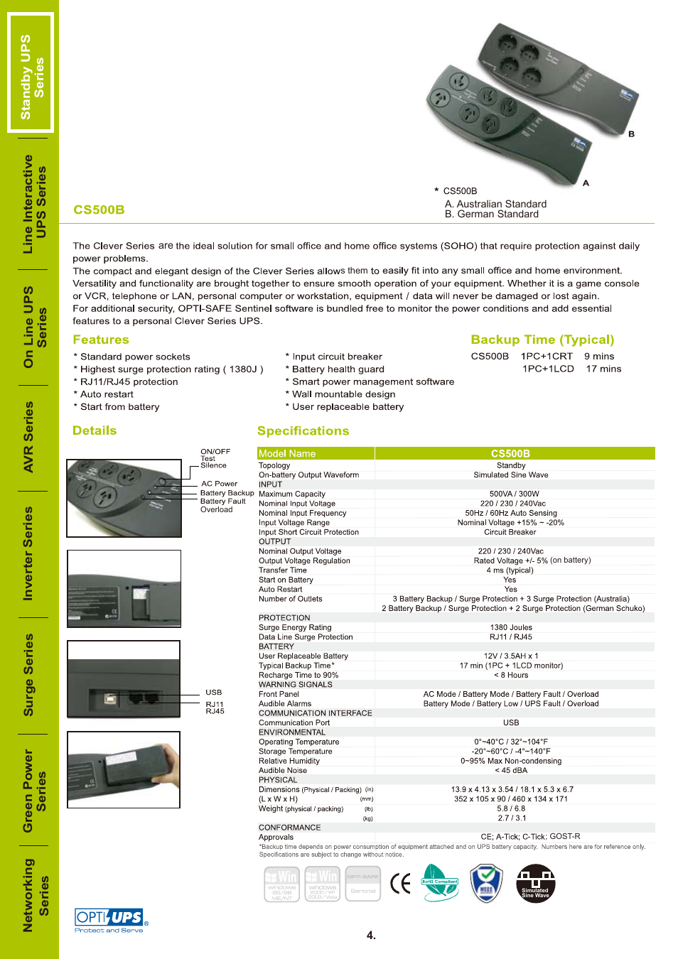 OPTI-UPS Line Interactive UPS Series CS500B User Manual | 1 page