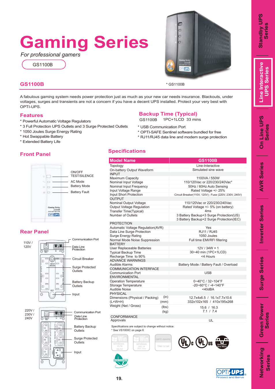 OPTI-UPS Gaming Series GS1100B User Manual | 1 page