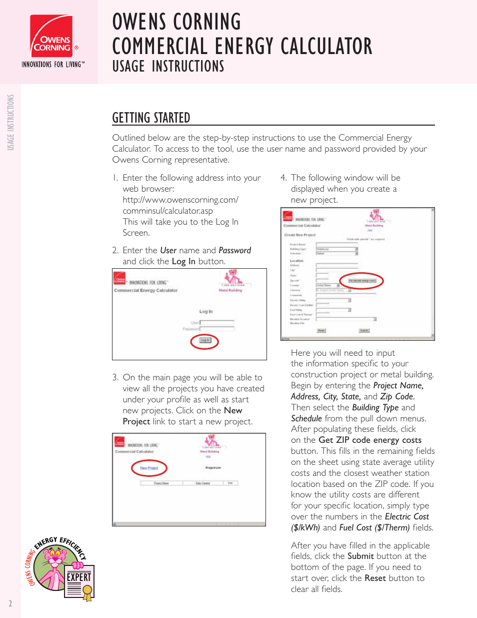 Owens corning commercial energy calculator, Usage instructions, Getting started | Owens Corning Calculator User Manual | Page 2 / 4