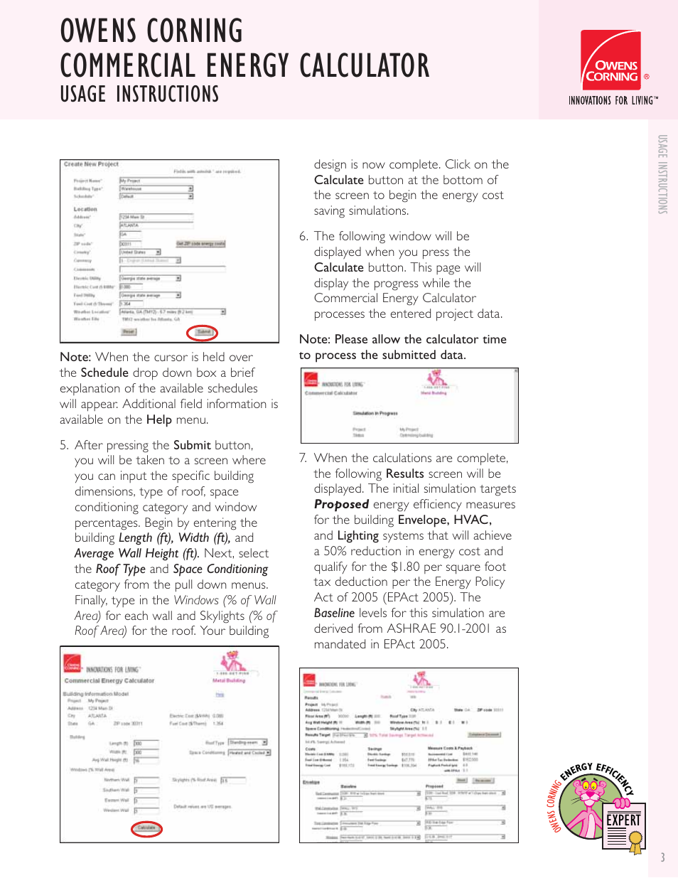 Owens corning commercial energy calculator, Usage instructions | Owens Corning Calculator User Manual | Page 3 / 4