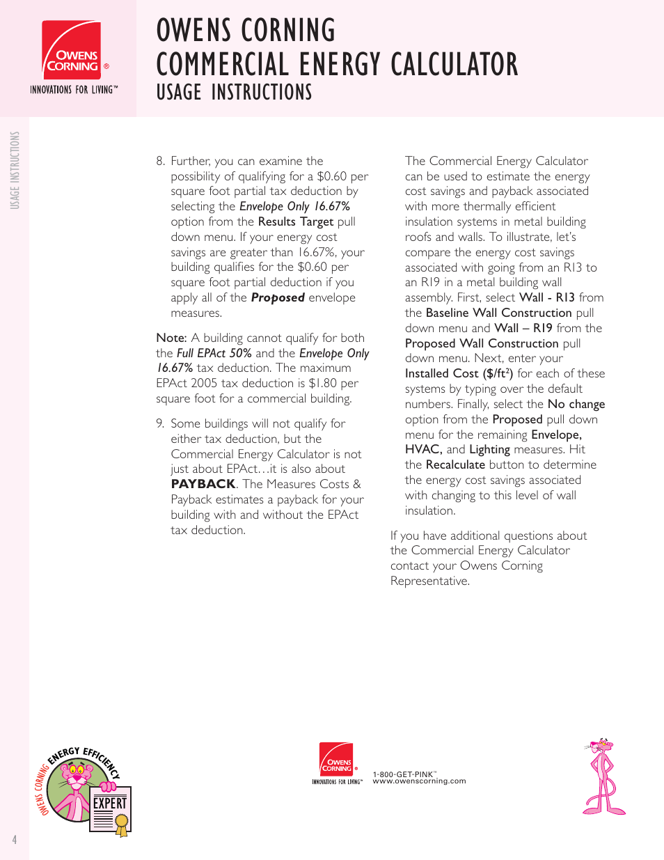 Owens corning commercial energy calculator, Usage instructions | Owens Corning Calculator User Manual | Page 4 / 4