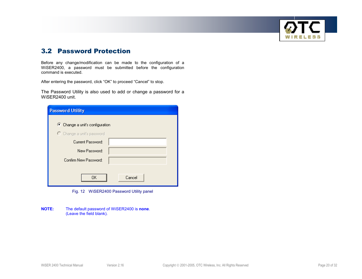 2 password protection | OTC Wireless 802.11 Wireless Serial Solutions WiSER2400.IP User Manual | Page 20 / 32