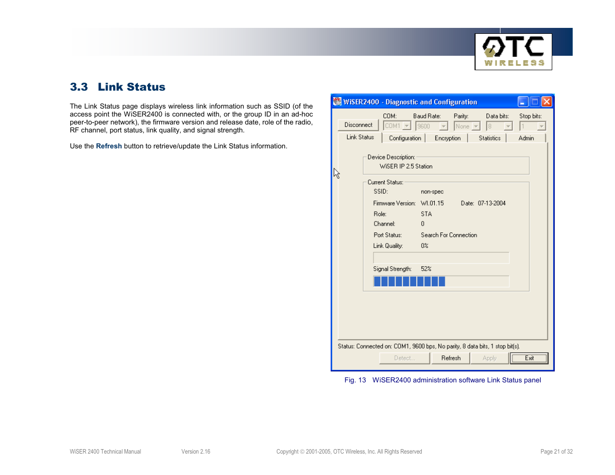 3 link status | OTC Wireless 802.11 Wireless Serial Solutions WiSER2400.IP User Manual | Page 21 / 32