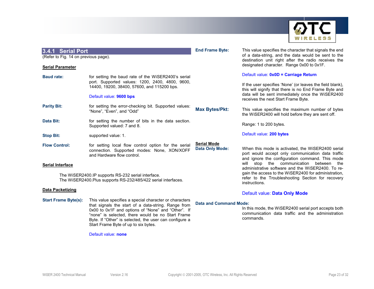 1 serial port | OTC Wireless 802.11 Wireless Serial Solutions WiSER2400.IP User Manual | Page 23 / 32