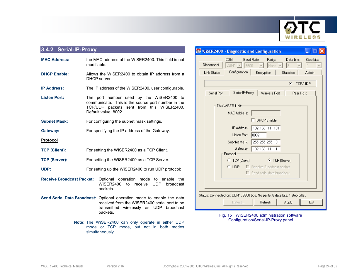 2 serial-ip-proxy | OTC Wireless 802.11 Wireless Serial Solutions WiSER2400.IP User Manual | Page 24 / 32