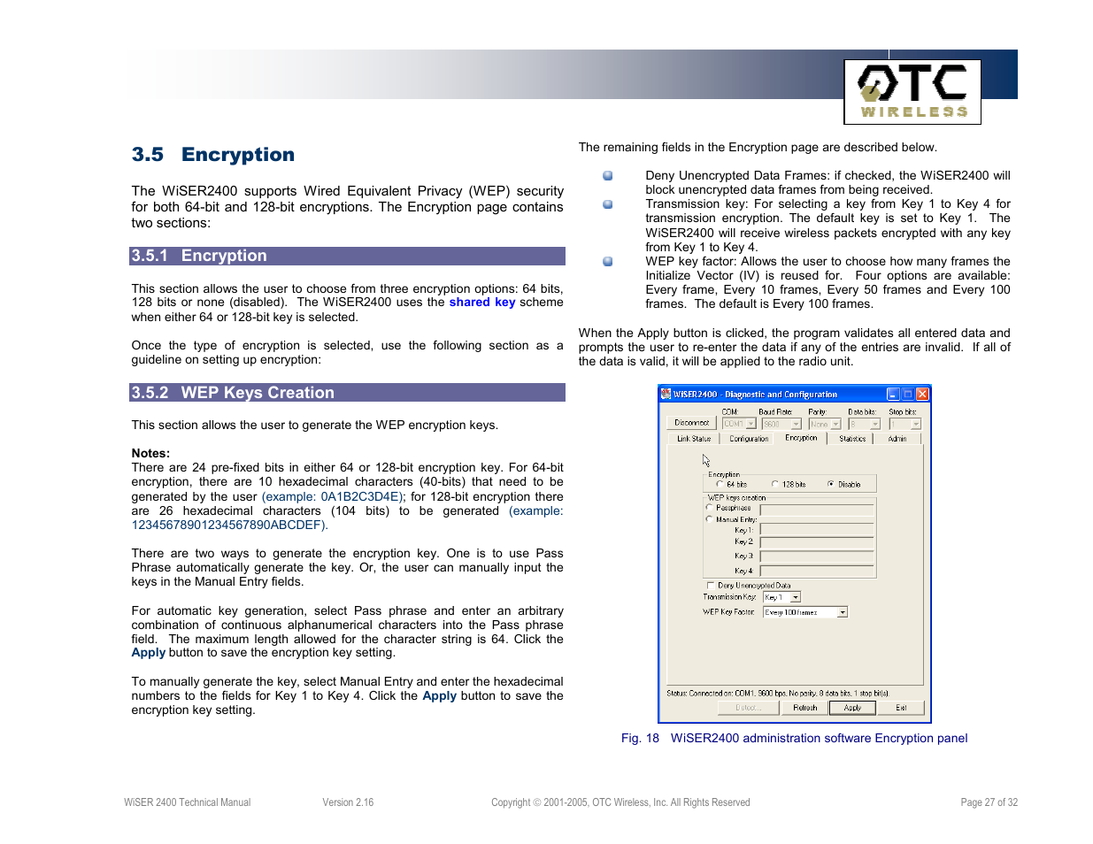 5 encryption, 1 encryption, 2 wep keys creation | OTC Wireless 802.11 Wireless Serial Solutions WiSER2400.IP User Manual | Page 27 / 32