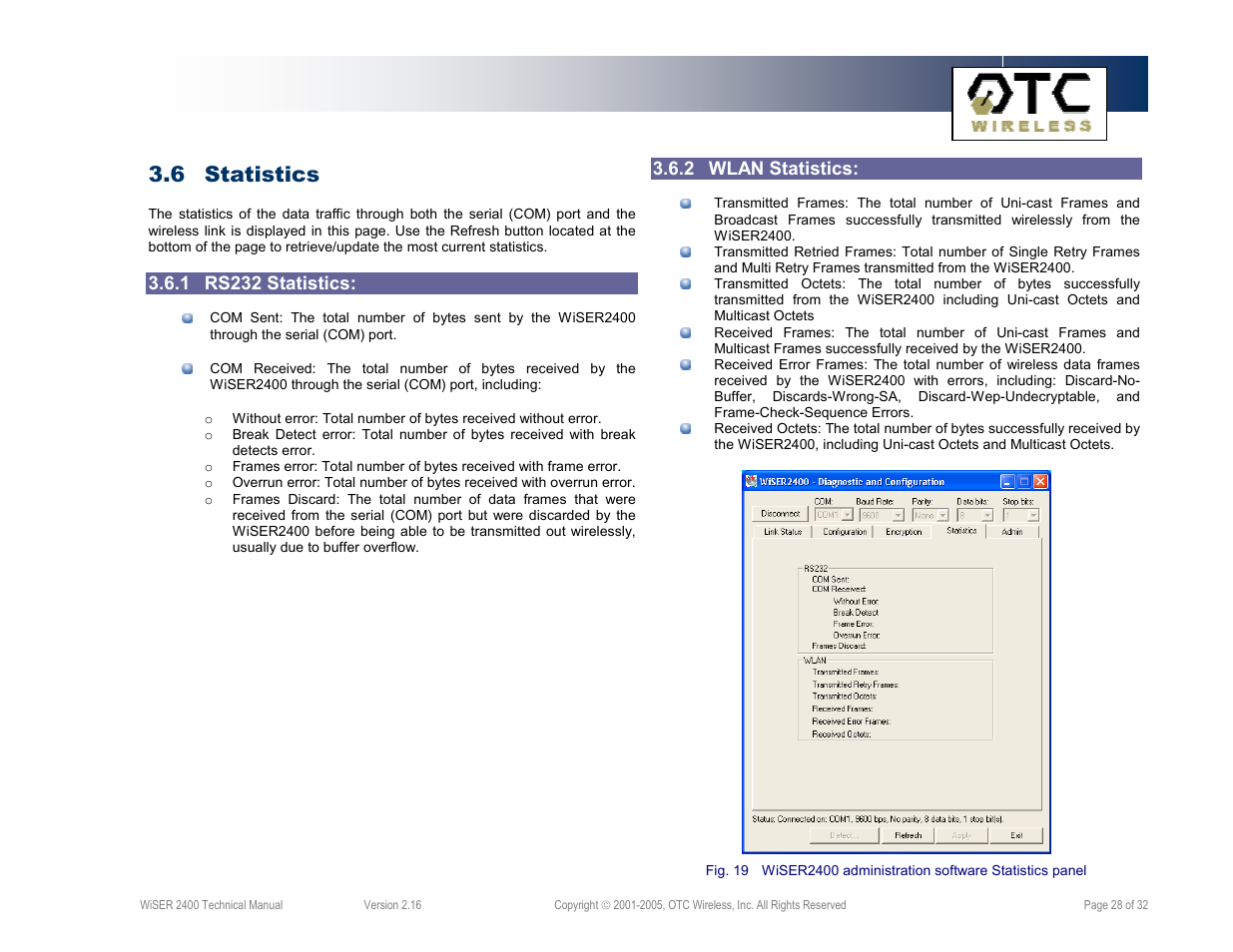 6 statistics, 1 rs232 statistics, 2 wlan statistics | OTC Wireless 802.11 Wireless Serial Solutions WiSER2400.IP User Manual | Page 28 / 32
