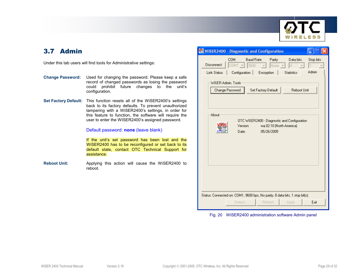 7 admin | OTC Wireless 802.11 Wireless Serial Solutions WiSER2400.IP User Manual | Page 29 / 32