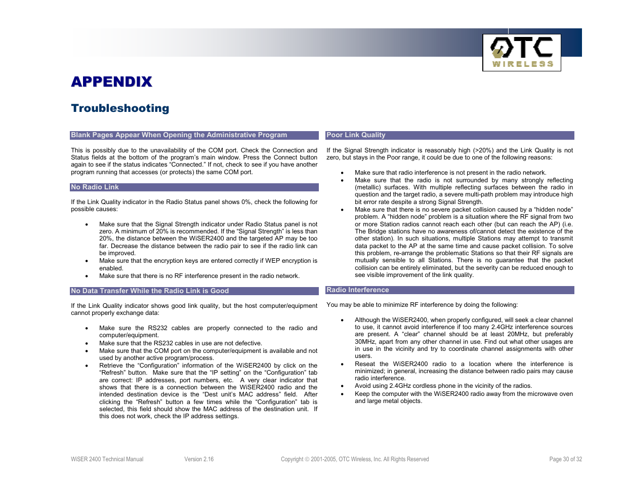 Troubleshooting | OTC Wireless 802.11 Wireless Serial Solutions WiSER2400.IP User Manual | Page 30 / 32