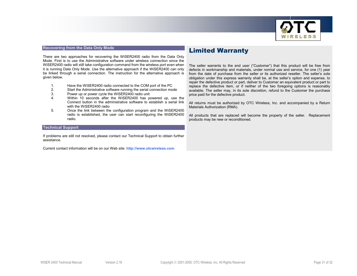 Limited warranty | OTC Wireless 802.11 Wireless Serial Solutions WiSER2400.IP User Manual | Page 31 / 32