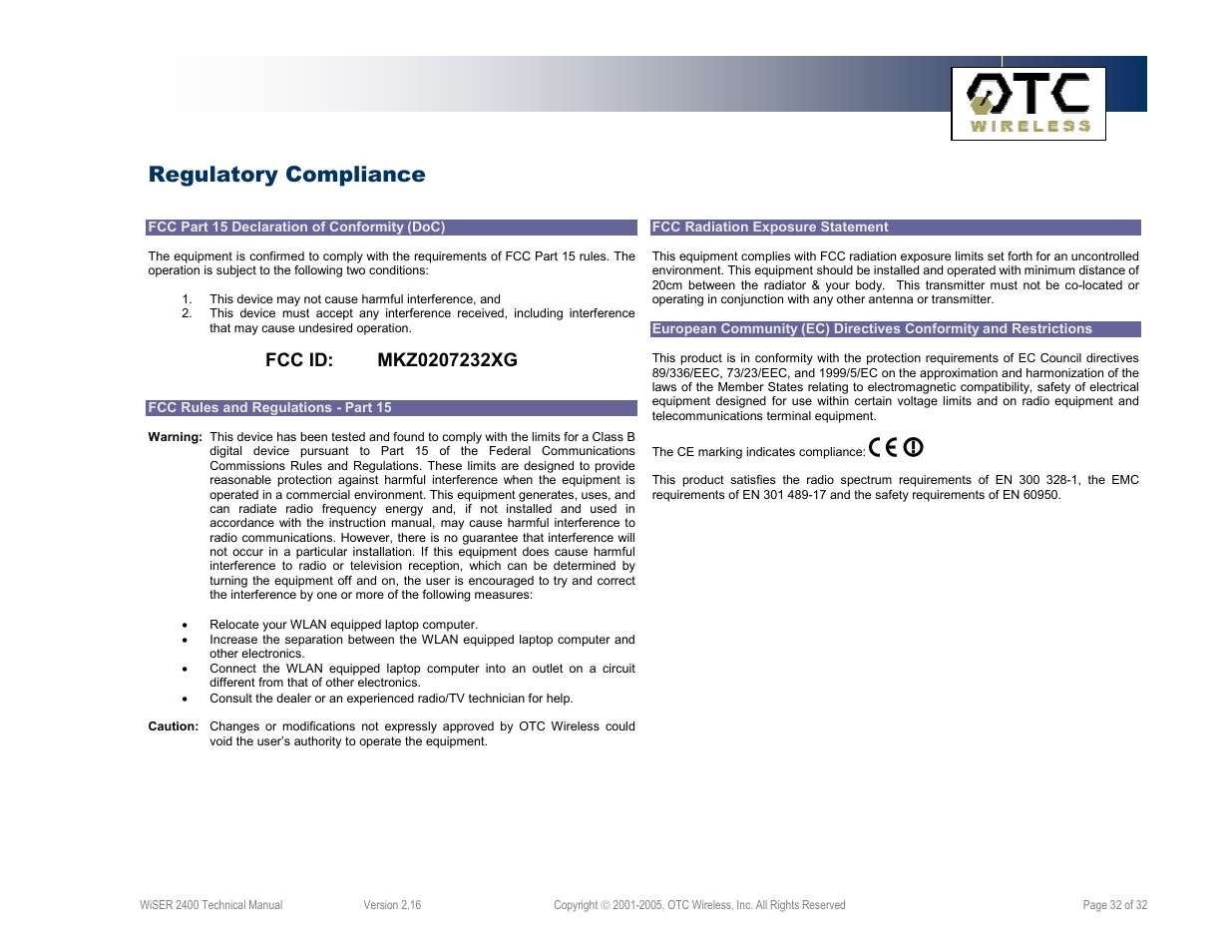 Regulatory compliance | OTC Wireless 802.11 Wireless Serial Solutions WiSER2400.IP User Manual | Page 32 / 32