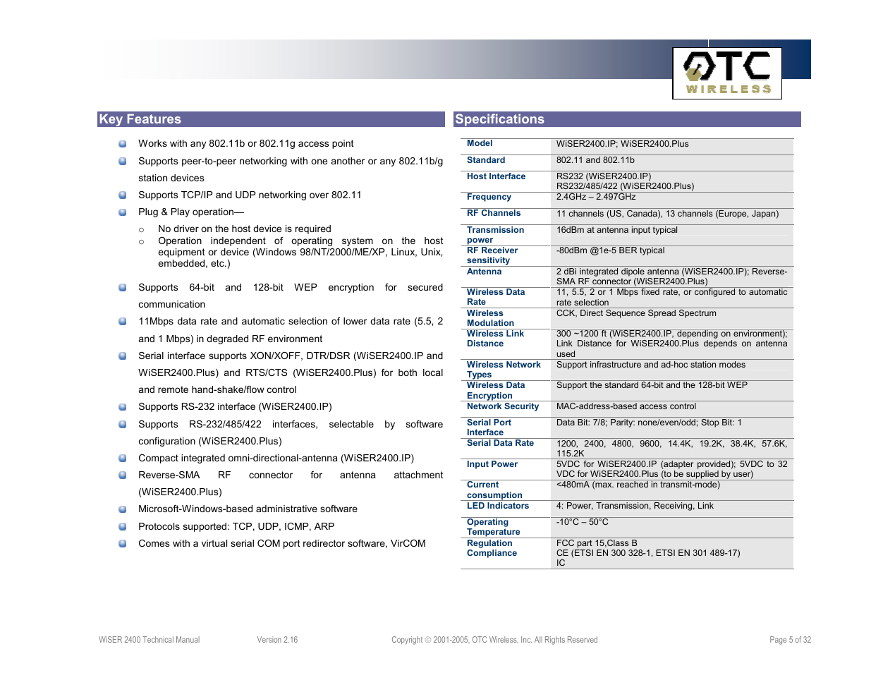 Key features specifications | OTC Wireless 802.11 Wireless Serial Solutions WiSER2400.IP User Manual | Page 5 / 32