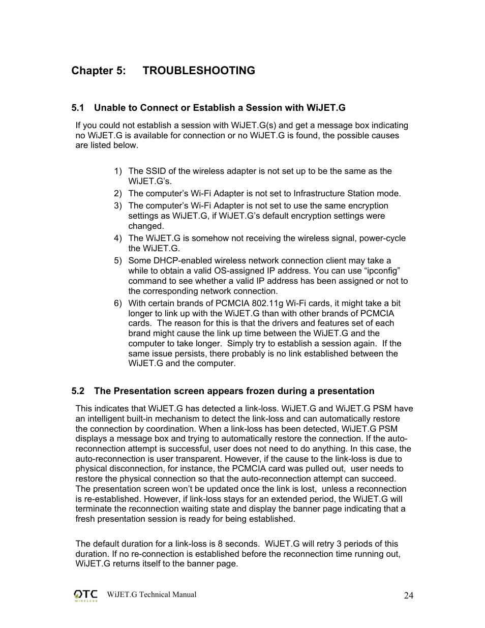 Chapter 5: troubleshooting | OTC Wireless WIJET.G 802.11G User Manual | Page 27 / 31