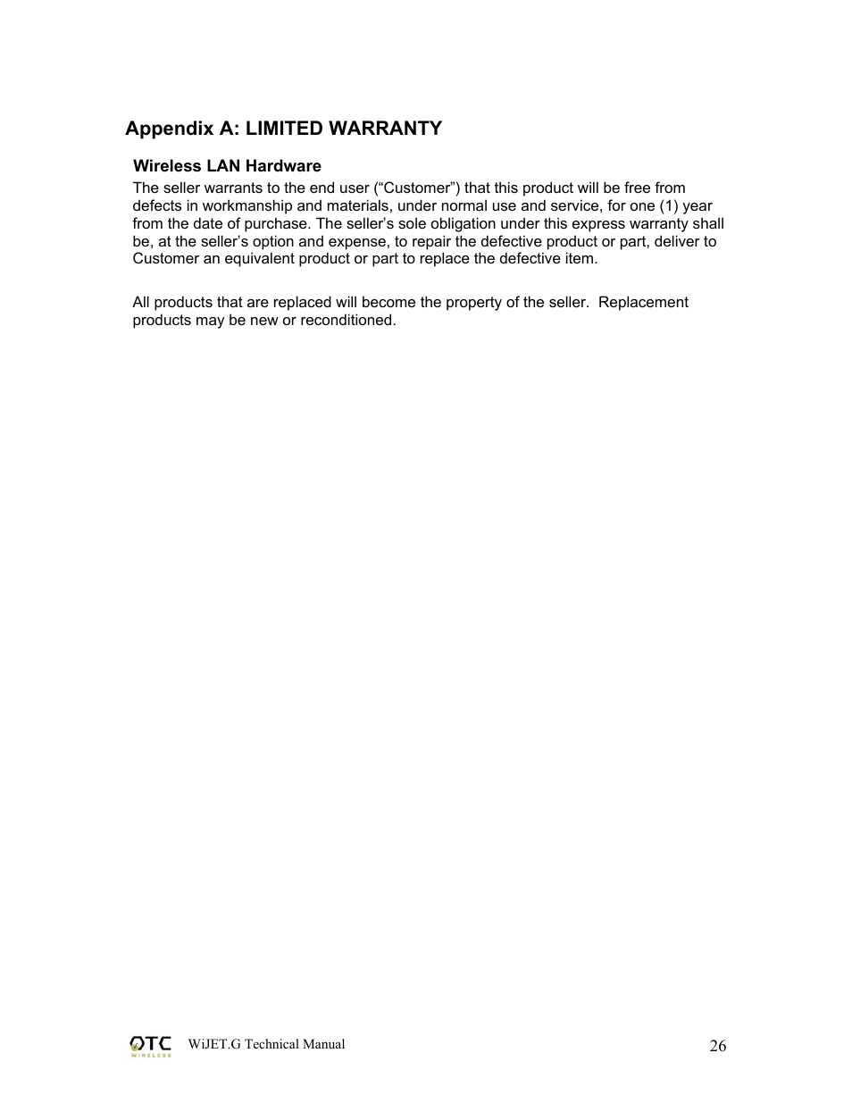 Appendix a: limited warranty | OTC Wireless WIJET.G 802.11G User Manual | Page 29 / 31