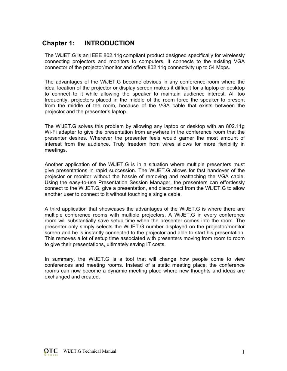 Chapter 1: introduction | OTC Wireless WIJET.G 802.11G User Manual | Page 4 / 31