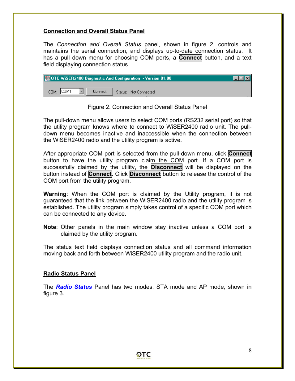 Connection and overall status panel, Radio status panel | OTC Wireless WiSER2400 User Manual | Page 11 / 25