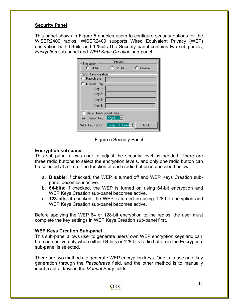 Security panel, Encryption sub-panel, Wep keys creation sub-panel | OTC Wireless WiSER2400 User Manual | Page 14 / 25