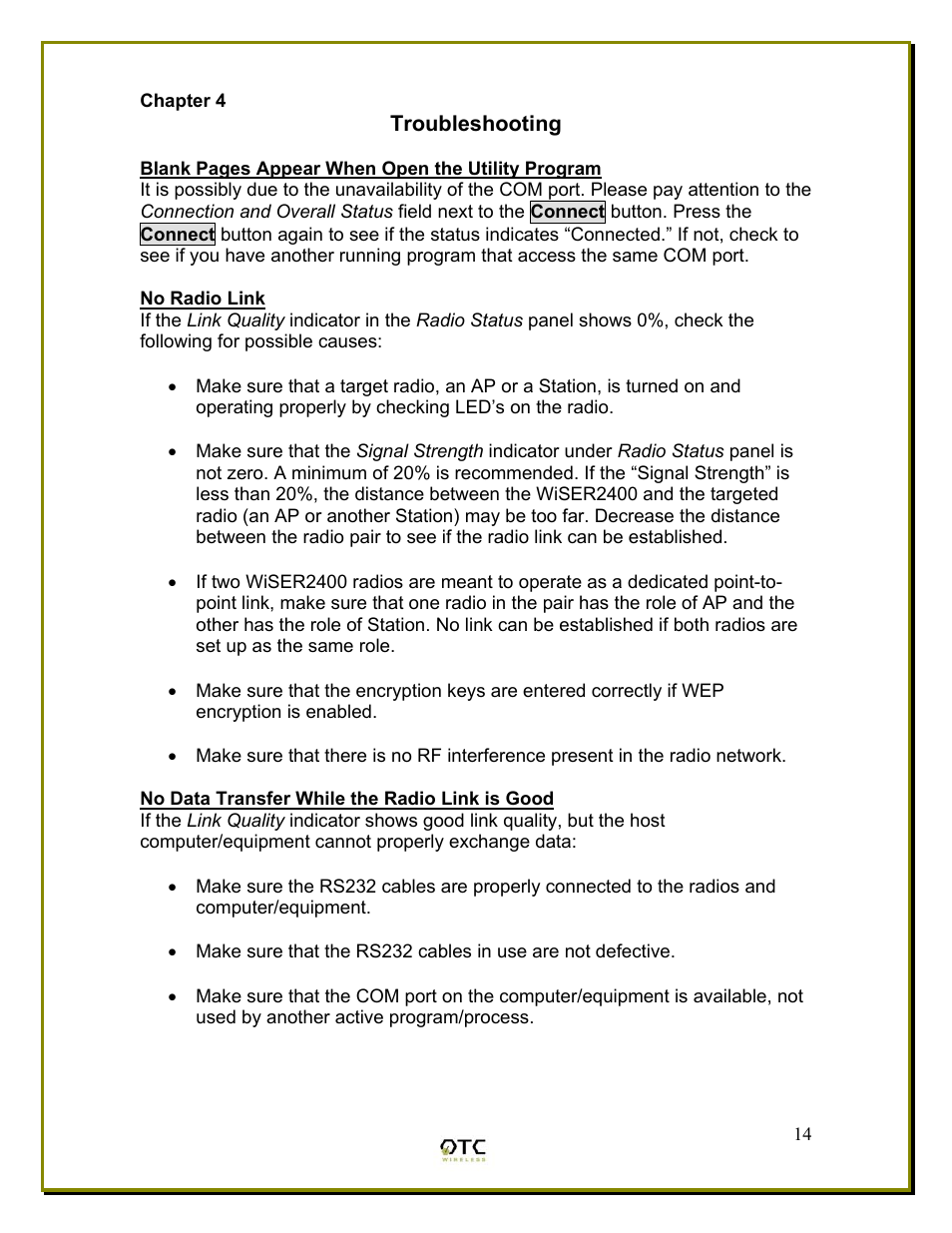 Chapter 4, No radio link | OTC Wireless WiSER2400 User Manual | Page 17 / 25
