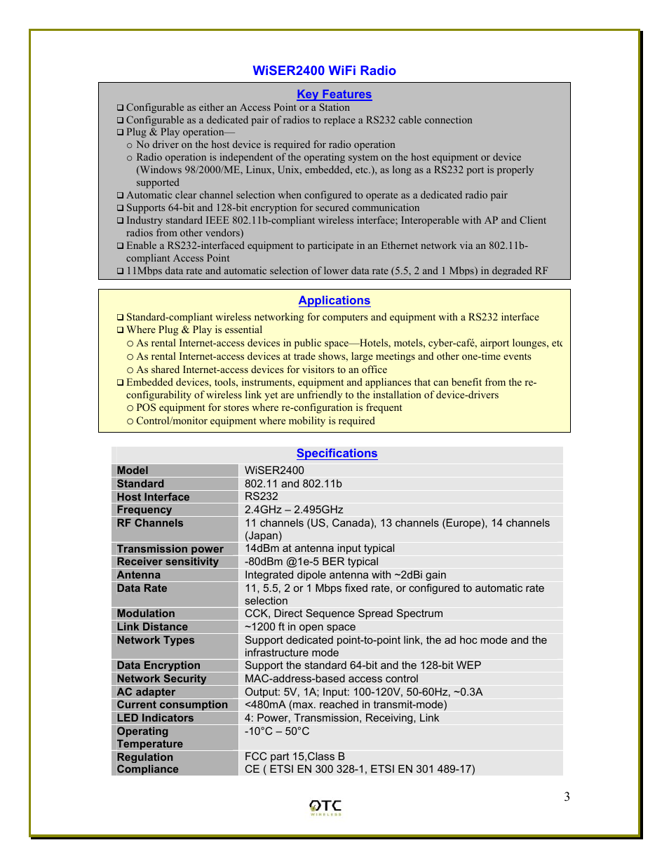 Wiser2400 wifi radio, Specifications, Model | OTC Wireless WiSER2400 User Manual | Page 6 / 25