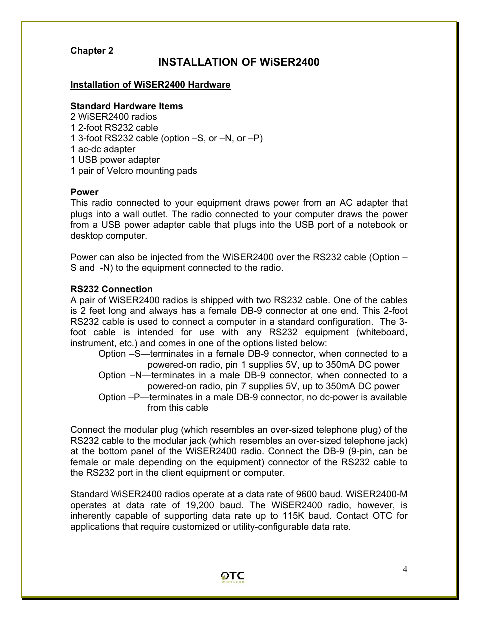 Chapter 2, Installation of wiser2400 hardware, Standard hardware items | Power, Rs232 connection | OTC Wireless WiSER2400 User Manual | Page 7 / 25