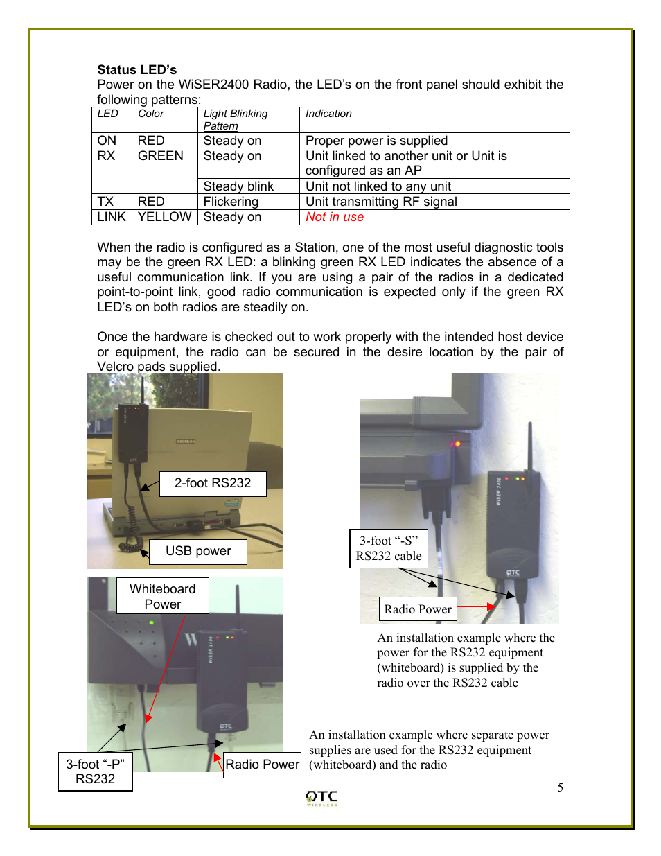 Status led’s, Color, Light blinking pattern | Indication | OTC Wireless WiSER2400 User Manual | Page 8 / 25