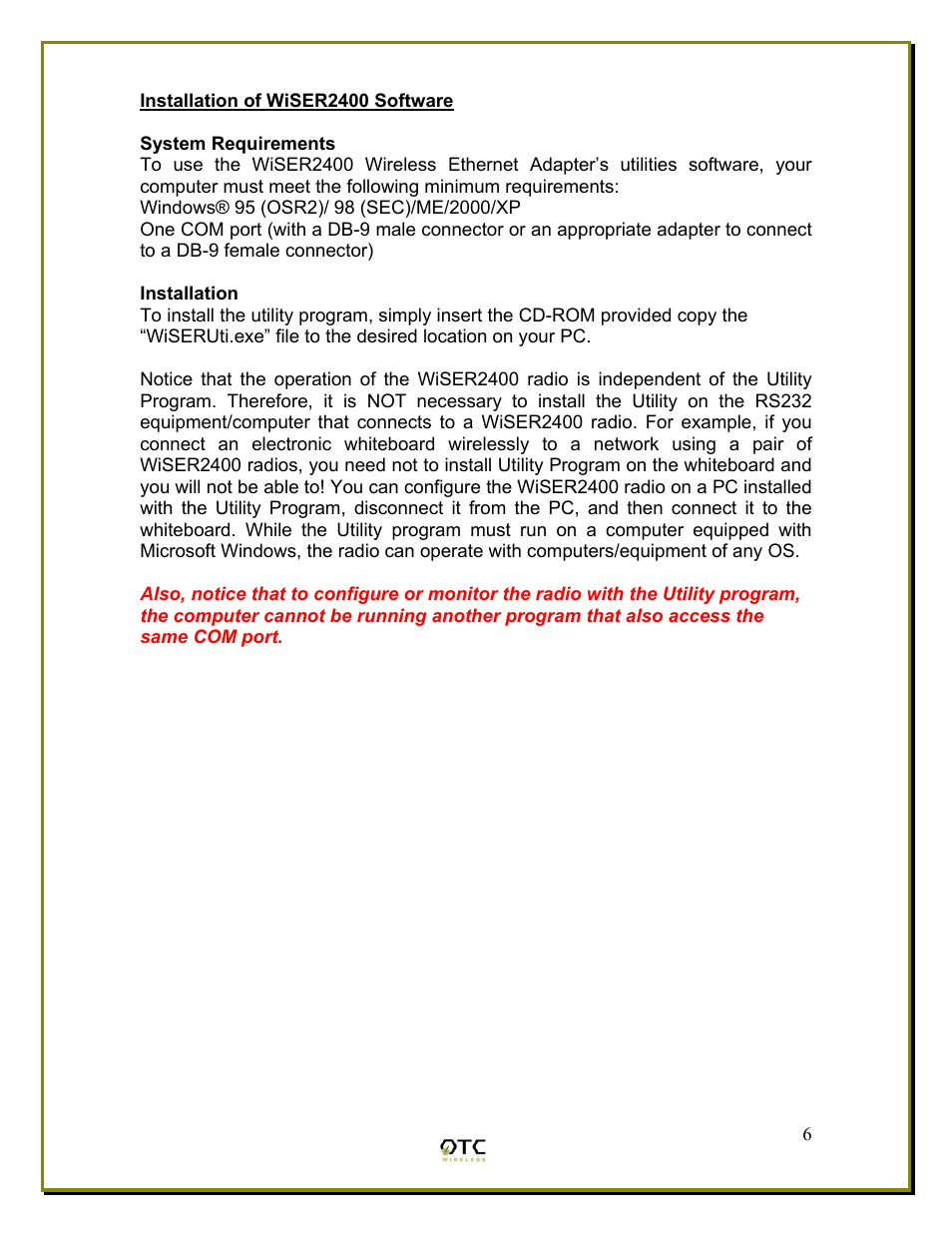 System requirements, Installation | OTC Wireless WiSER2400 User Manual | Page 9 / 25