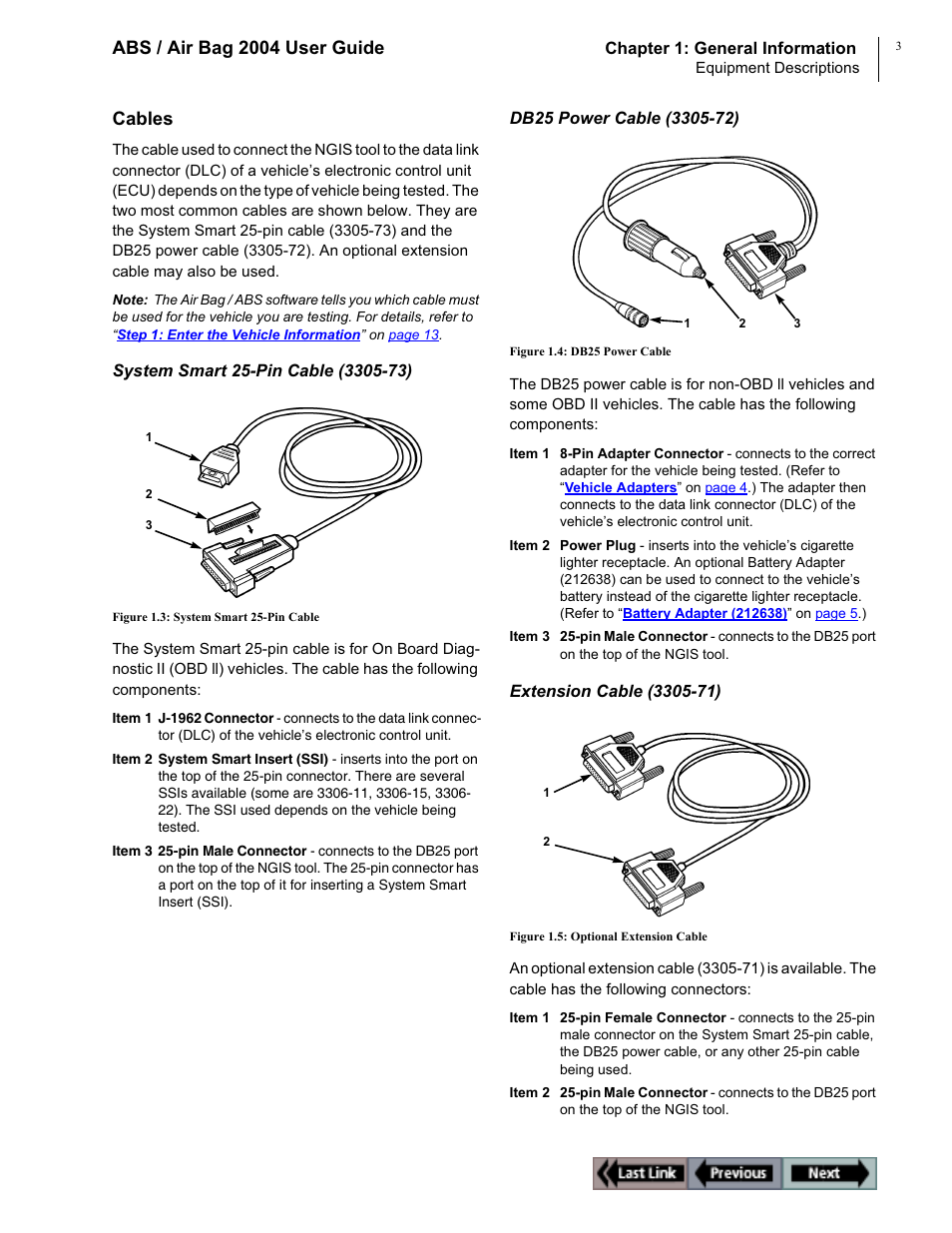 Abs / air bag 2004 user guide, Cables | OTC Wireless switch/hub User Manual | Page 13 / 80