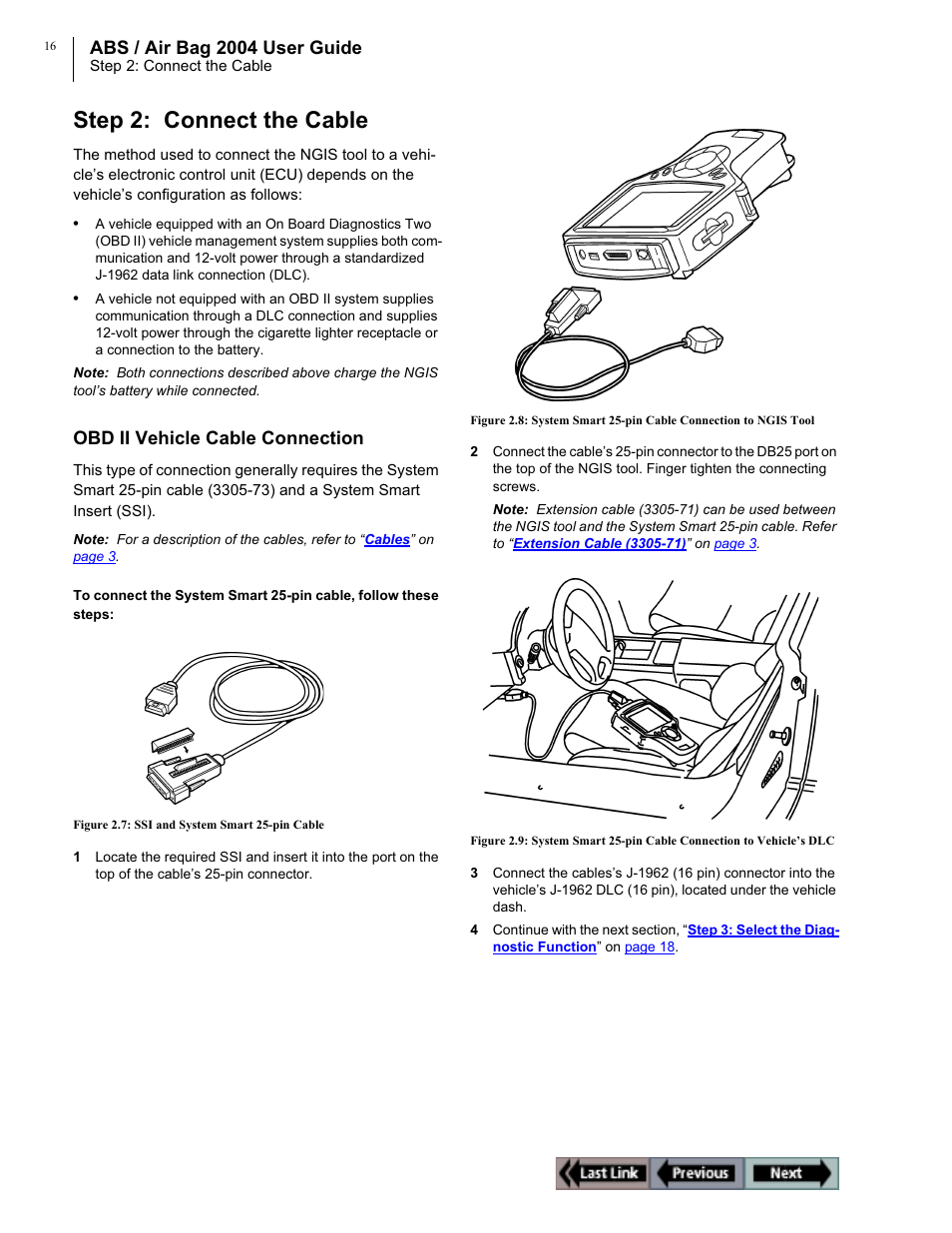 Step 2: connect the cable, Abs / air bag 2004 user guide, Obd ii vehicle cable connection | OTC Wireless switch/hub User Manual | Page 26 / 80