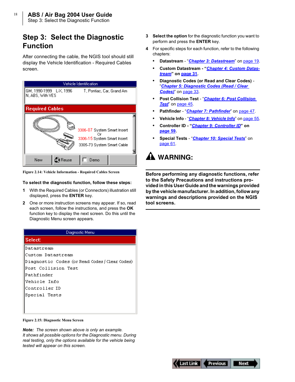 Step 3: select the diagnostic function, Warning, Abs / air bag 2004 user guide | OTC Wireless switch/hub User Manual | Page 28 / 80