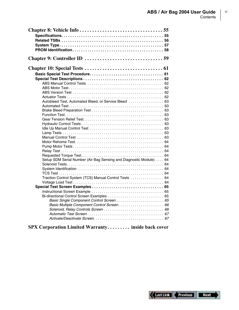 Chapter 8: vehicle info, Chapter 9: controller id chapter 10: special tests | OTC Wireless switch/hub User Manual | Page 7 / 80