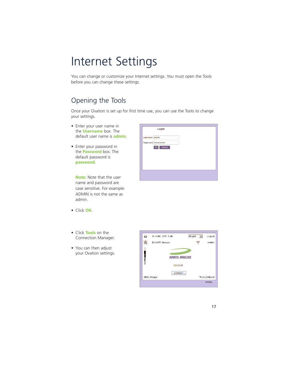 Internet settings, Opening the tools | Ovation Software Ovation User Manual | Page 18 / 61