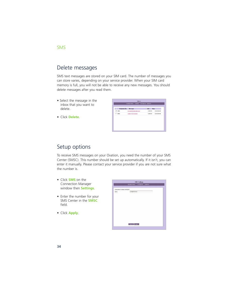 Delete messages, Setup options | Ovation Software Ovation User Manual | Page 35 / 61