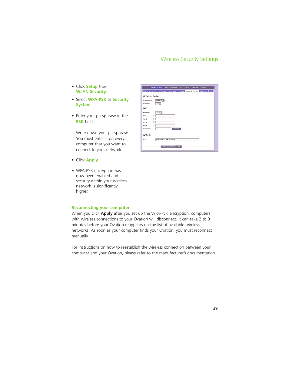 Wireless security settings | Ovation Software Ovation User Manual | Page 40 / 61