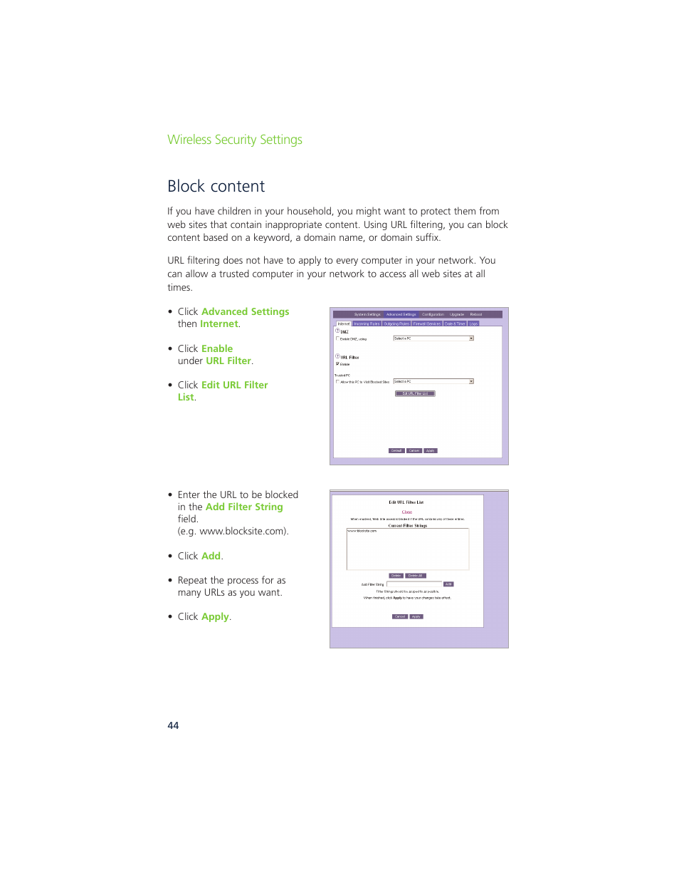 Block content, Wireless security settings | Ovation Software Ovation User Manual | Page 45 / 61