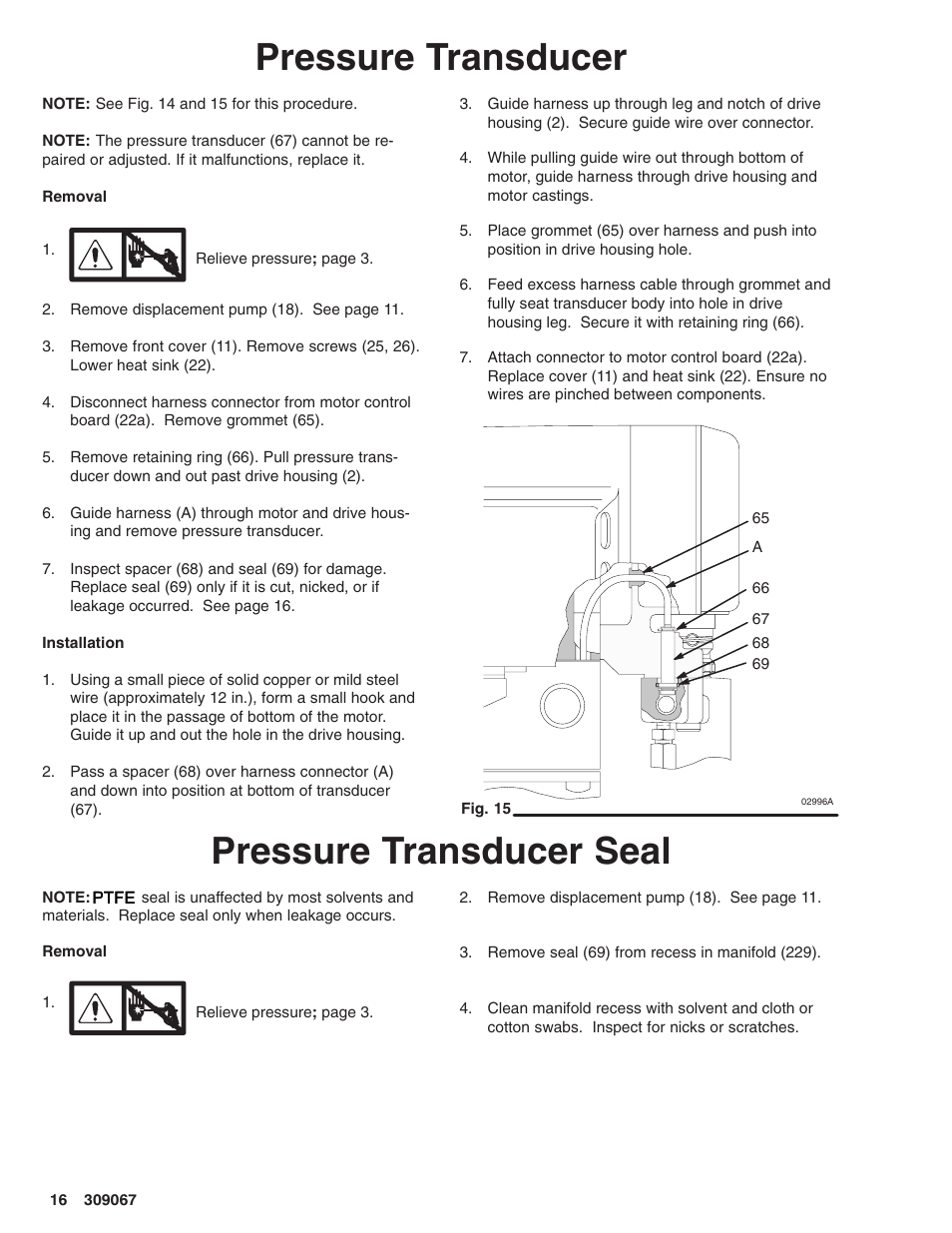 Pressure transducer, Pressure transducer seal | Oracom ULTRA MAX 695 User Manual | Page 16 / 28