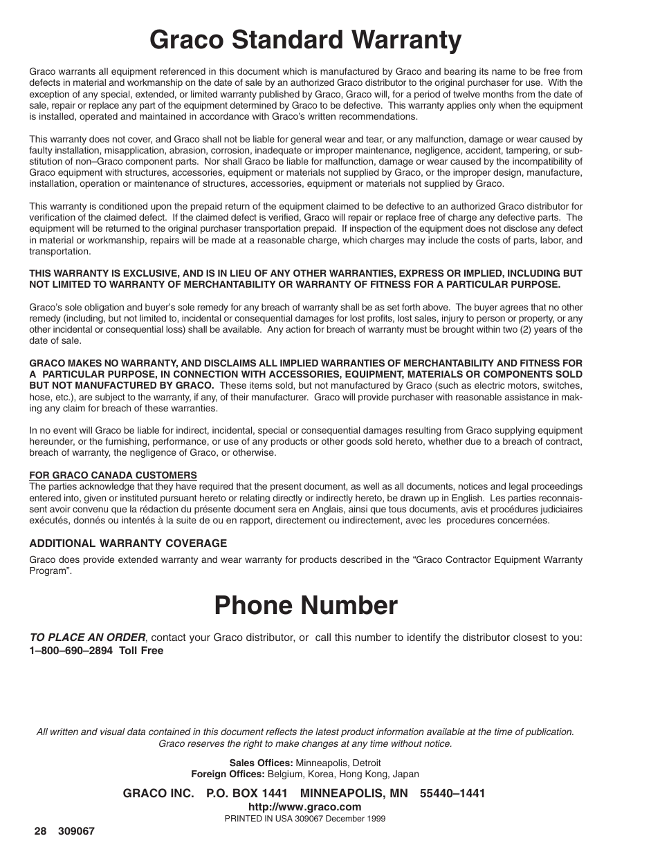 Graco standard warranty, Phone number | Oracom ULTRA MAX 695 User Manual | Page 28 / 28