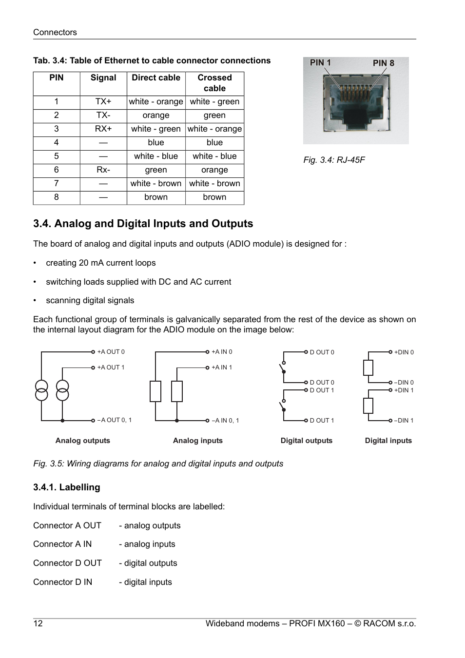 Analog and digital inputs and outputs, Labelling, Rj-45f | Table of ethernet to cable connector connections | Oracom PROFI MX160 User Manual | Page 12 / 28