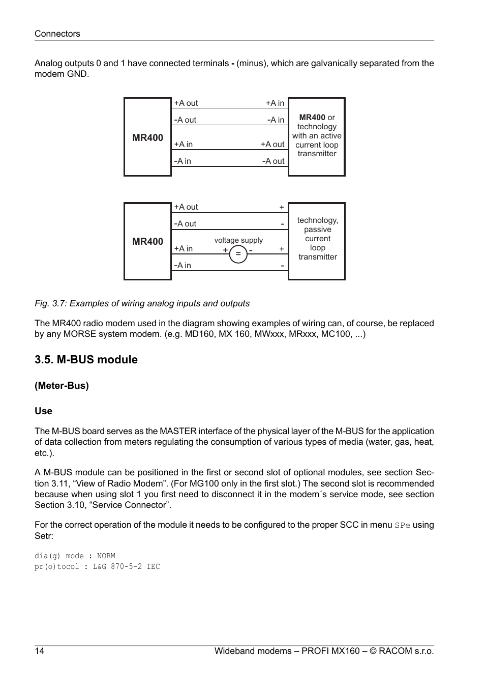 M-bus module, Examples of wiring analog inputs and outputs | Oracom PROFI MX160 User Manual | Page 14 / 28