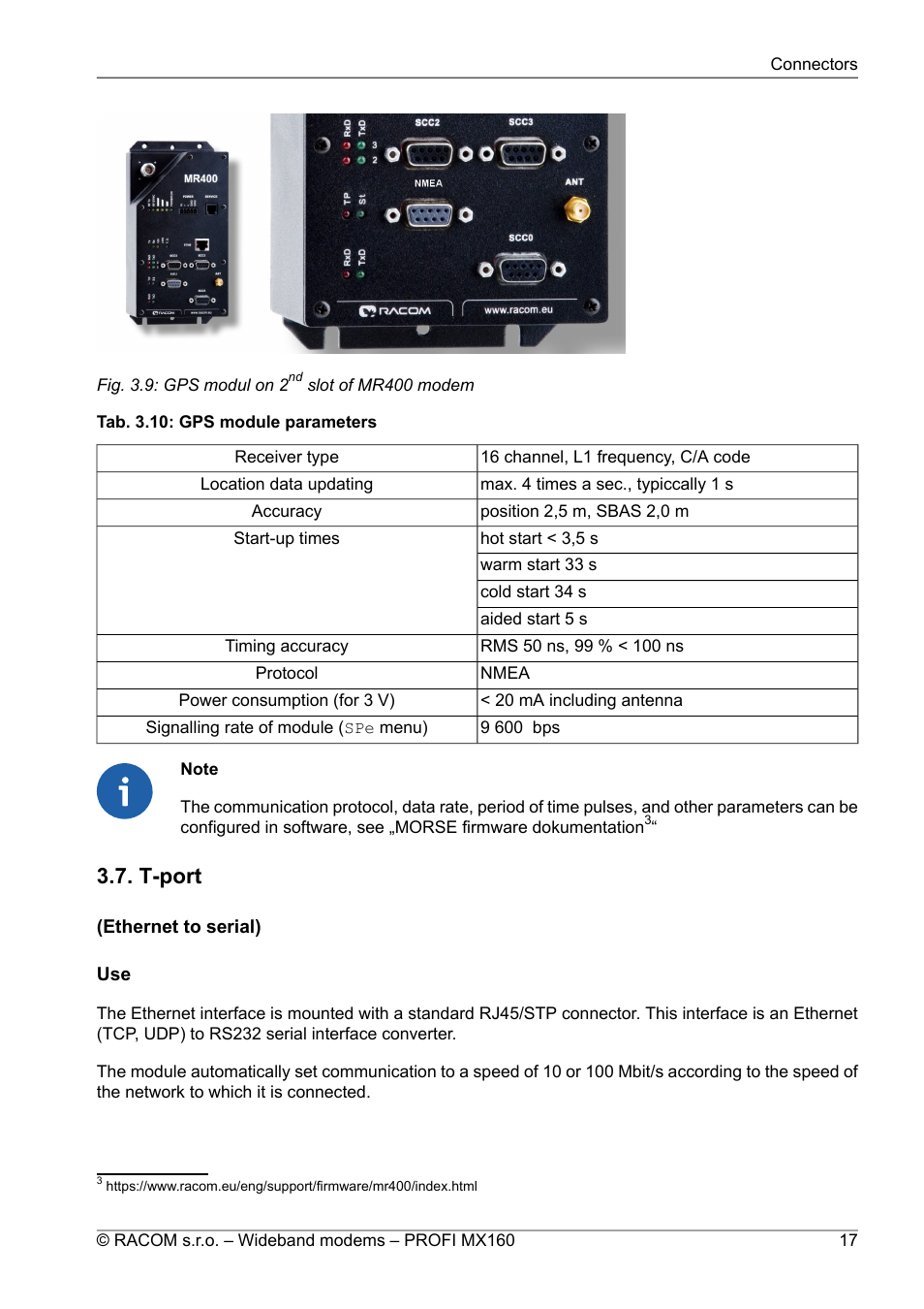 T-port, Gps modul on 2, Slot of mr400 modem | Gps module parameters | Oracom PROFI MX160 User Manual | Page 17 / 28