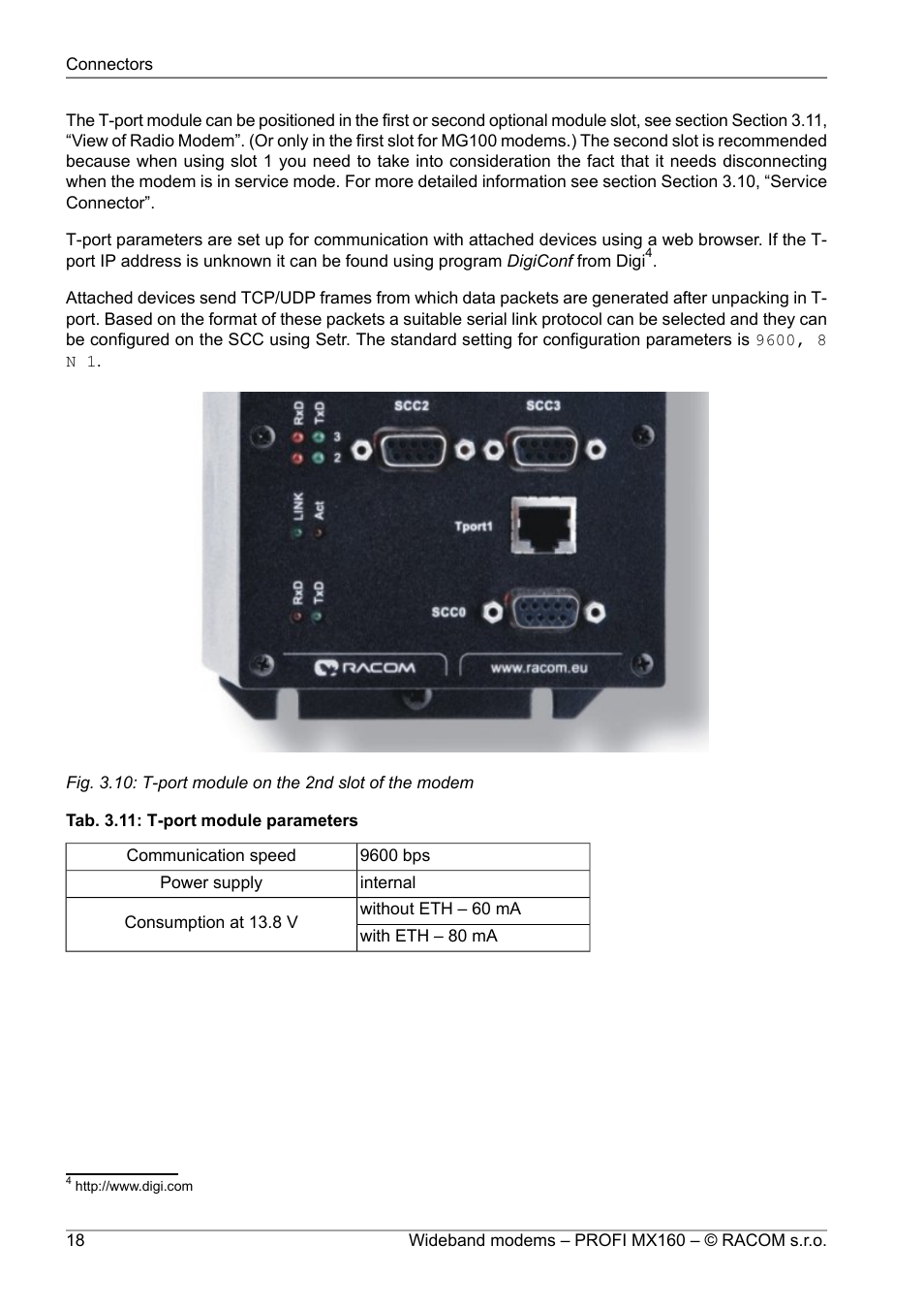 T-port module on the 2nd slot of the modem, T-port module parameters | Oracom PROFI MX160 User Manual | Page 18 / 28