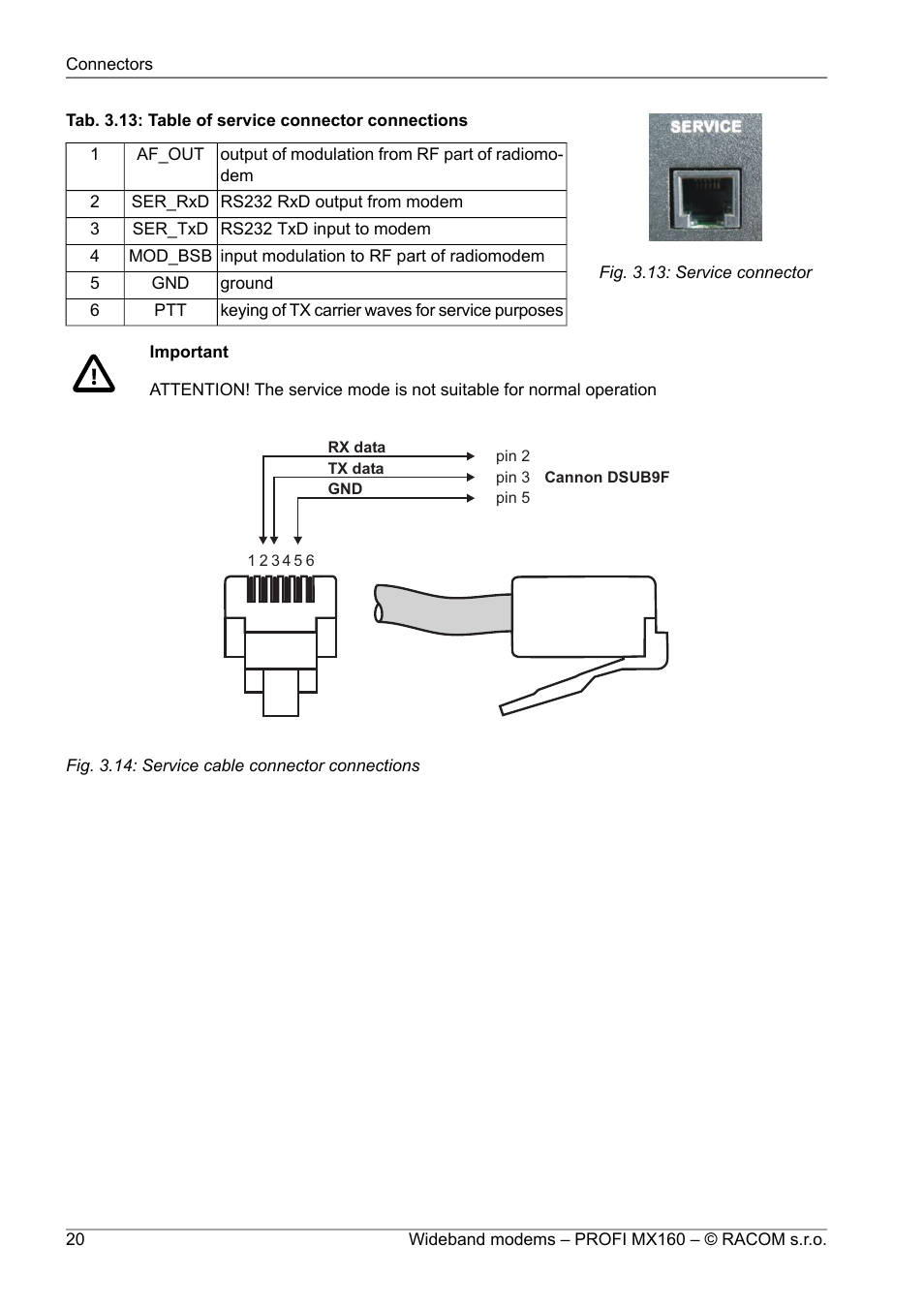 Service connector, 20 3.14. service cable connector connections, Table of service connector connections | Oracom PROFI MX160 User Manual | Page 20 / 28