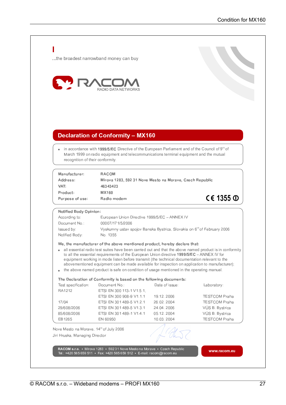 Consistency declaration | Oracom PROFI MX160 User Manual | Page 27 / 28
