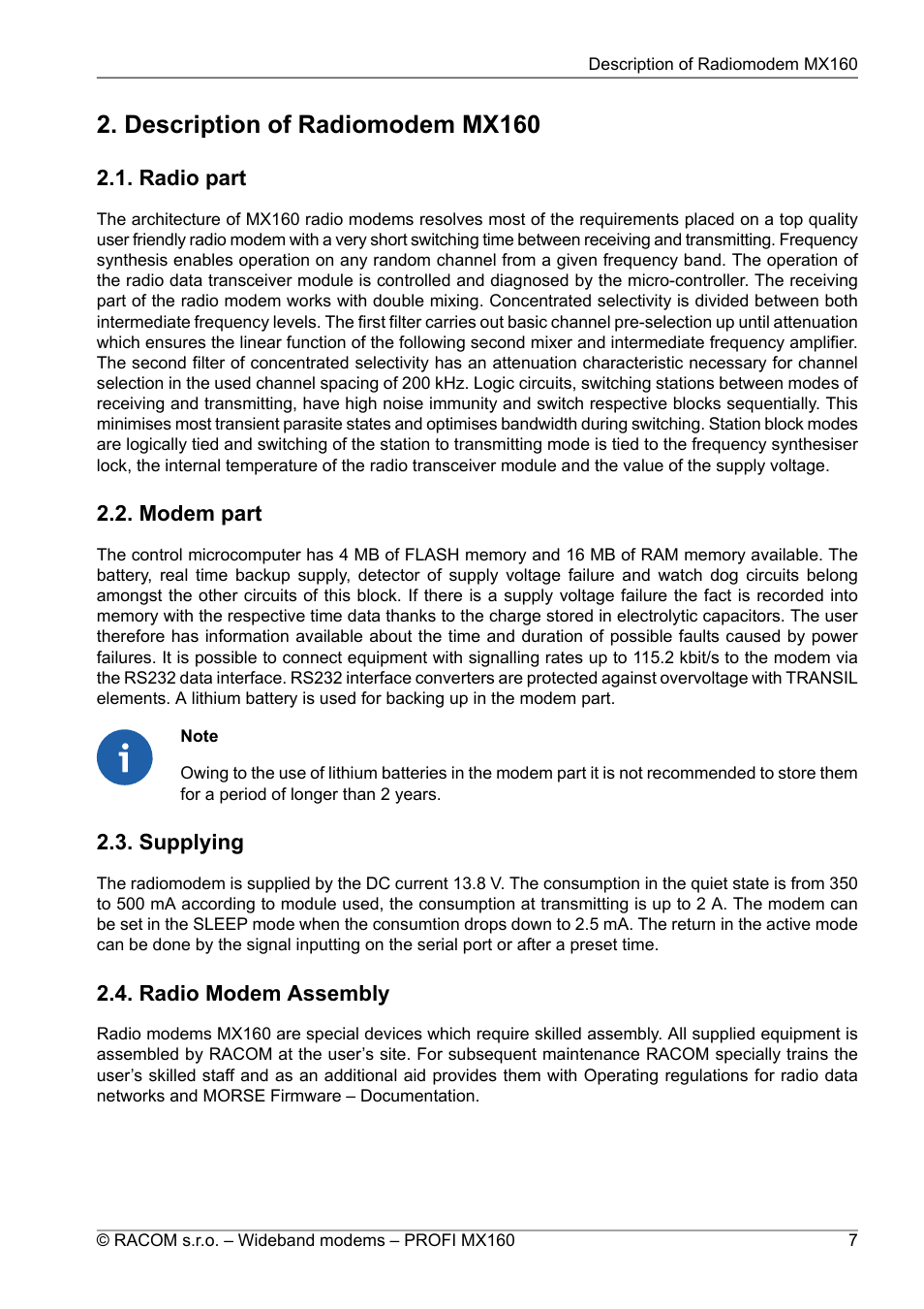 Description of radiomodem mx160, Radio part, Modem part | Supplying, Radio modem assembly, 7 2.2. modem part, 7 2.3. supplying, 7 2.4. radio modem assembly | Oracom PROFI MX160 User Manual | Page 7 / 28